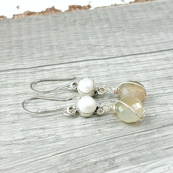 Freshwater Pearl & Faceted Agate Gemstone Dangle Earrings, Upcycled Artisan 2" - Picture 8 of 8